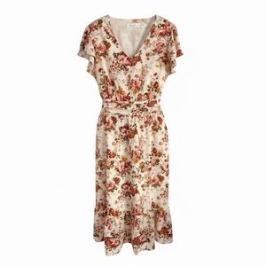 Jasambac‎ Floral Ruffle Midi Dress Women X-Large Pockets Cream Pink Cottagecore